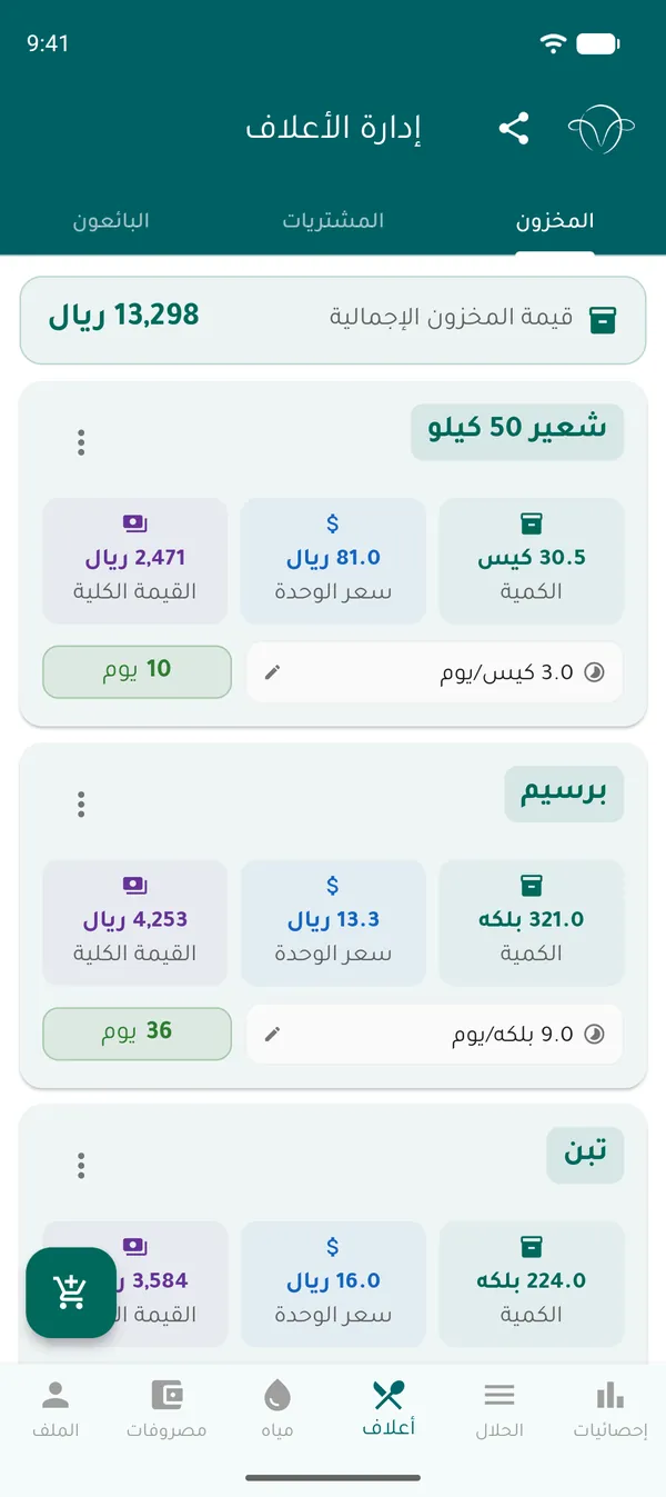 مخزون الأعلاف: الكمية وسعر الوحدة والقيمة والأيام المتبقية