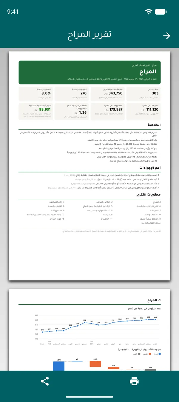 معاينة تقرير المراح PDF: الحلال الحالي والقيمة والمواليد والنفوق والمبيعات والمصروفات والربح